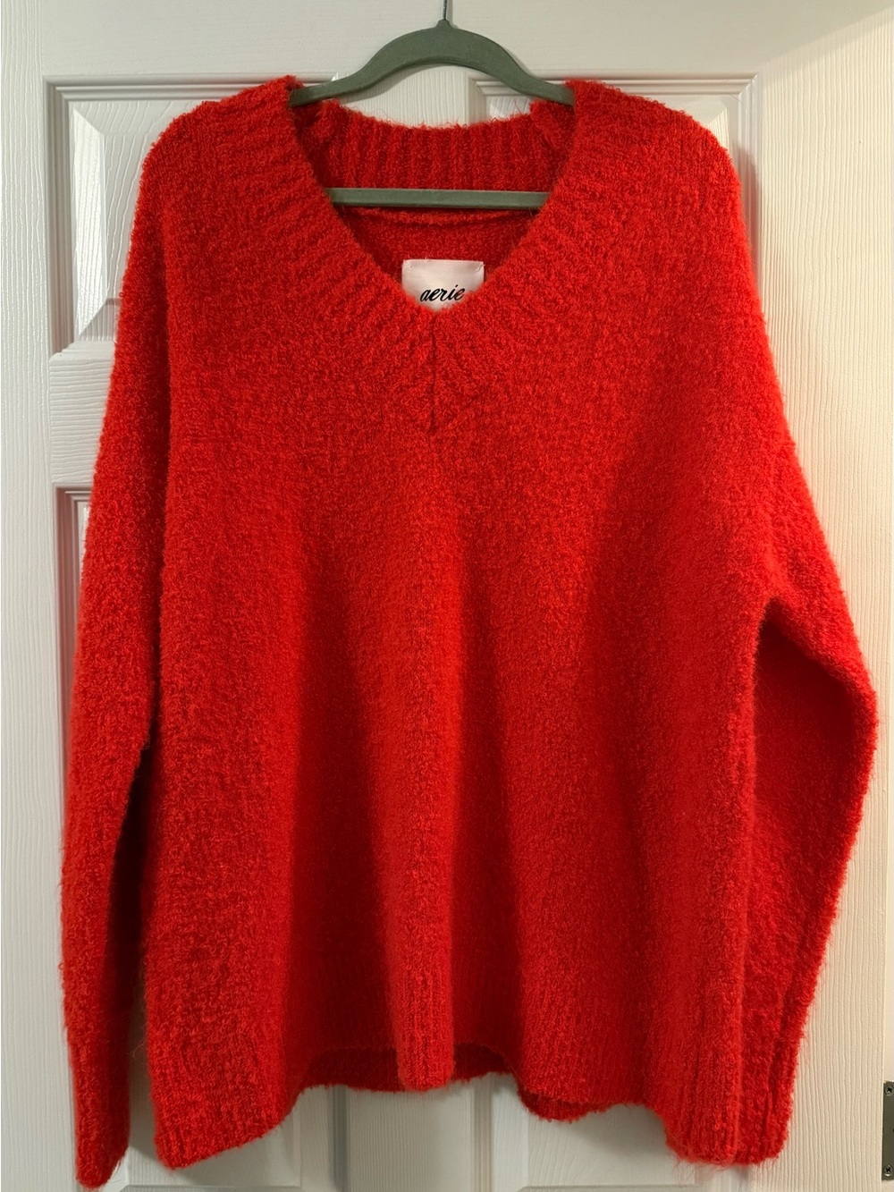 aerie V-Neck Fuzzy Sweater in Bright Red